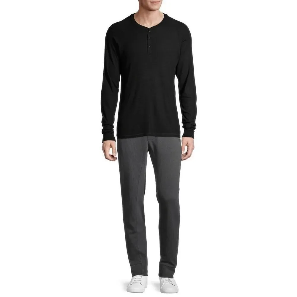 Hanes Men's Large L Black Long Sleeve Henley Pajama Lounge Tee NWT Ribbed Modal - Picture 5 of 7